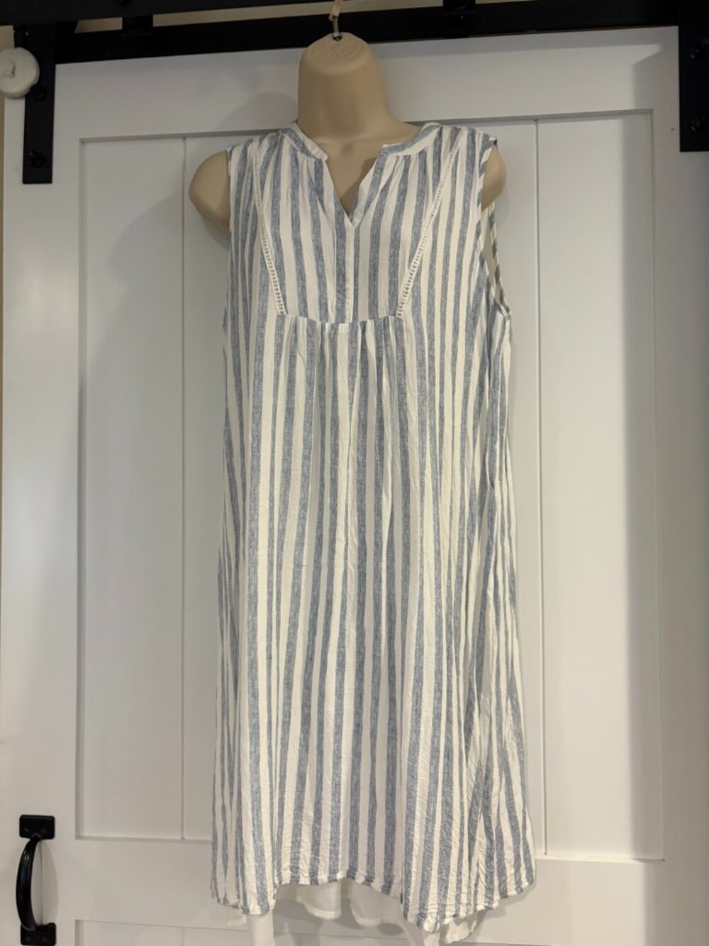 Siren Lily blue and white vertical stripe V neck dress, size L